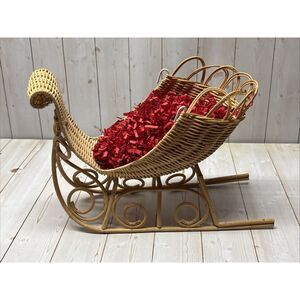 VTG Wicker Sleigh Christmas Santa Claus Holiday Decor North Pole Sled Red Fill